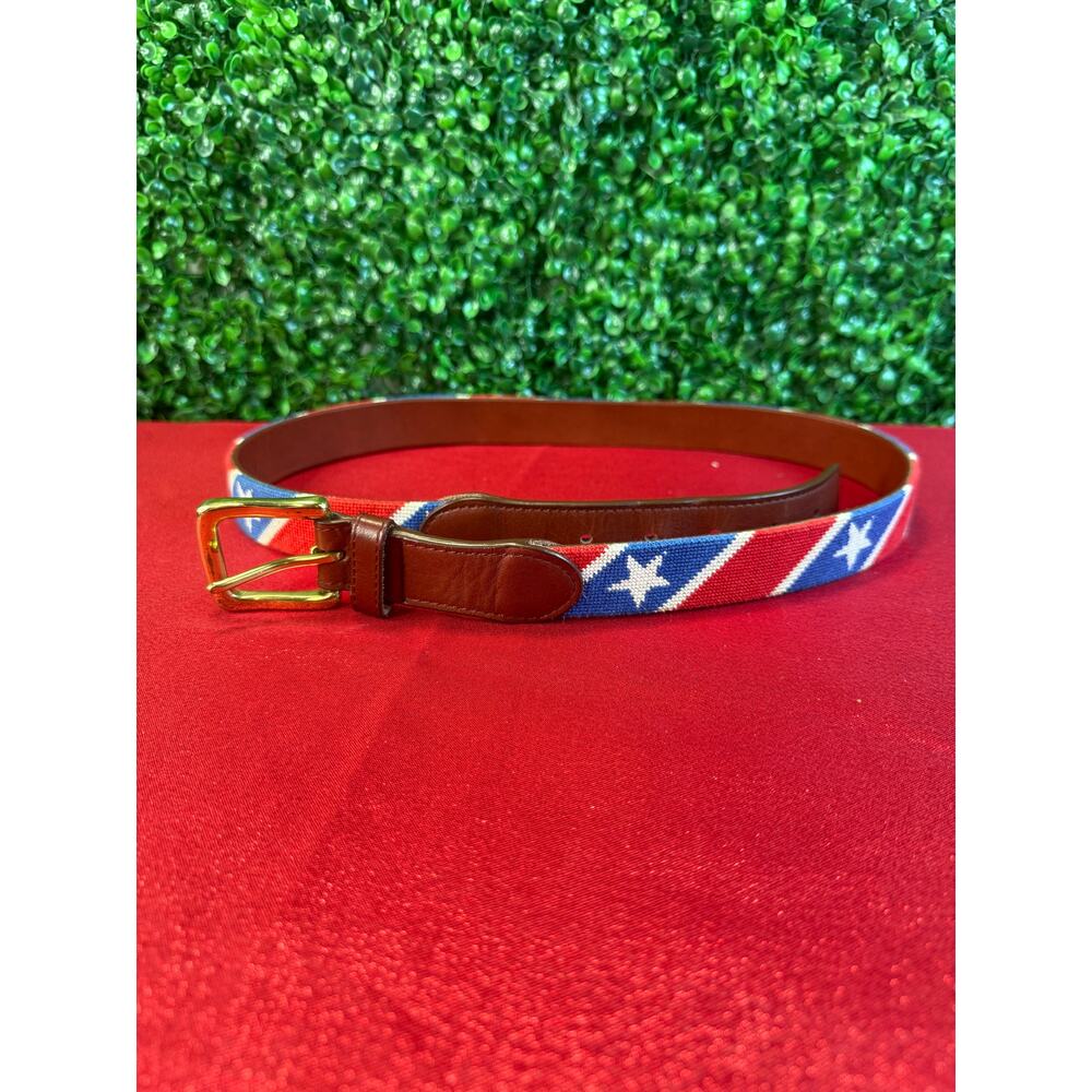 Tucker Blair Needlepoint Belt Stars and Stripes American Flag Leather Brass